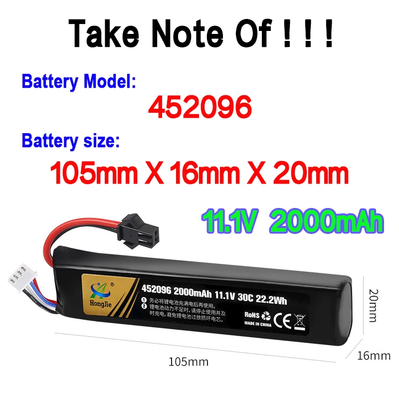 Water/Soft Bullet Gun Battery 11.1V 2000mah 452096 Battery 30C XT30/T/SM For Airsoft Bb Air Pistol Electric Toys Water Guns Part