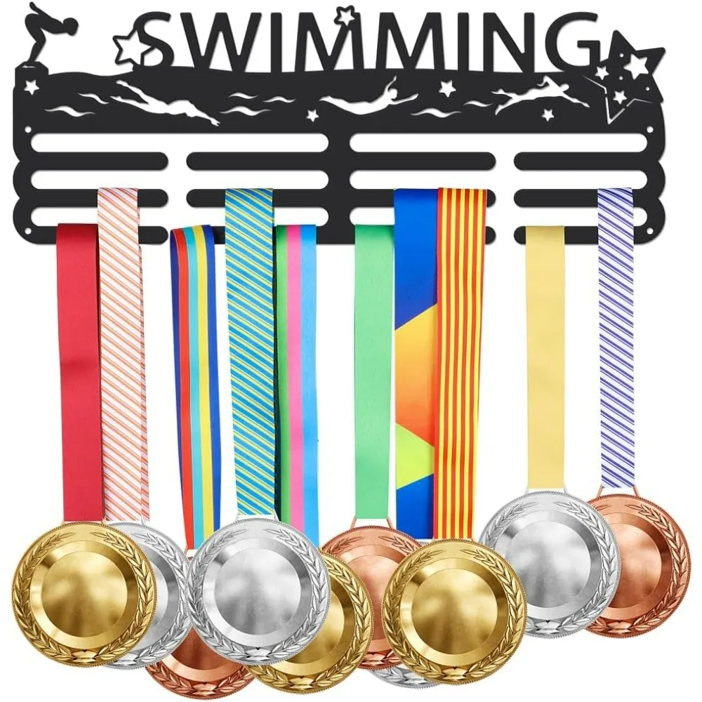 Swimming Medal Hanger Star Sports Medal Holder with 12 Lines Sturdy Steel Award Display Holders for Over 60 Medals Wall Mounted