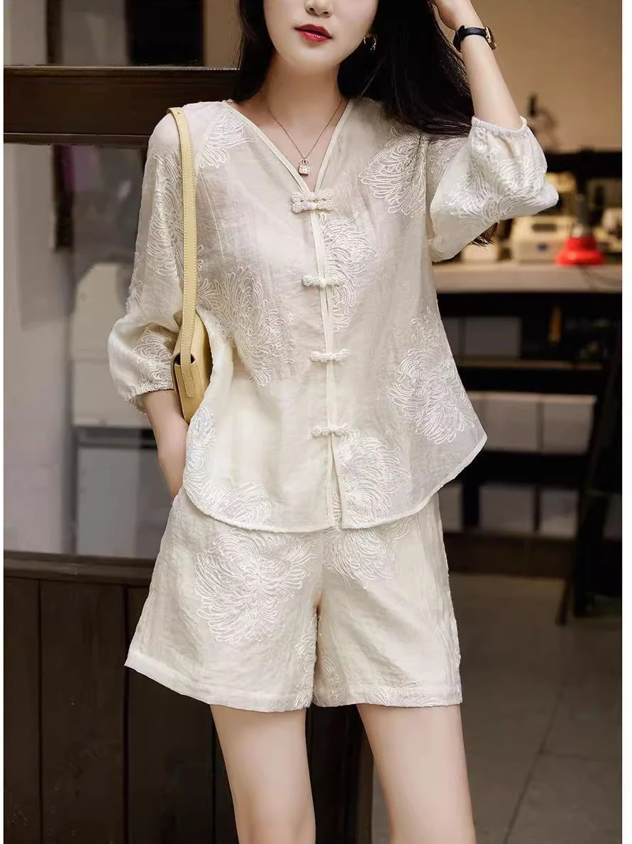 Nouveau chinois Sle Tee-Piece Ensemble brodé boutonné haut Csole jambe large orthès printemps été Faion femmes Ensemble