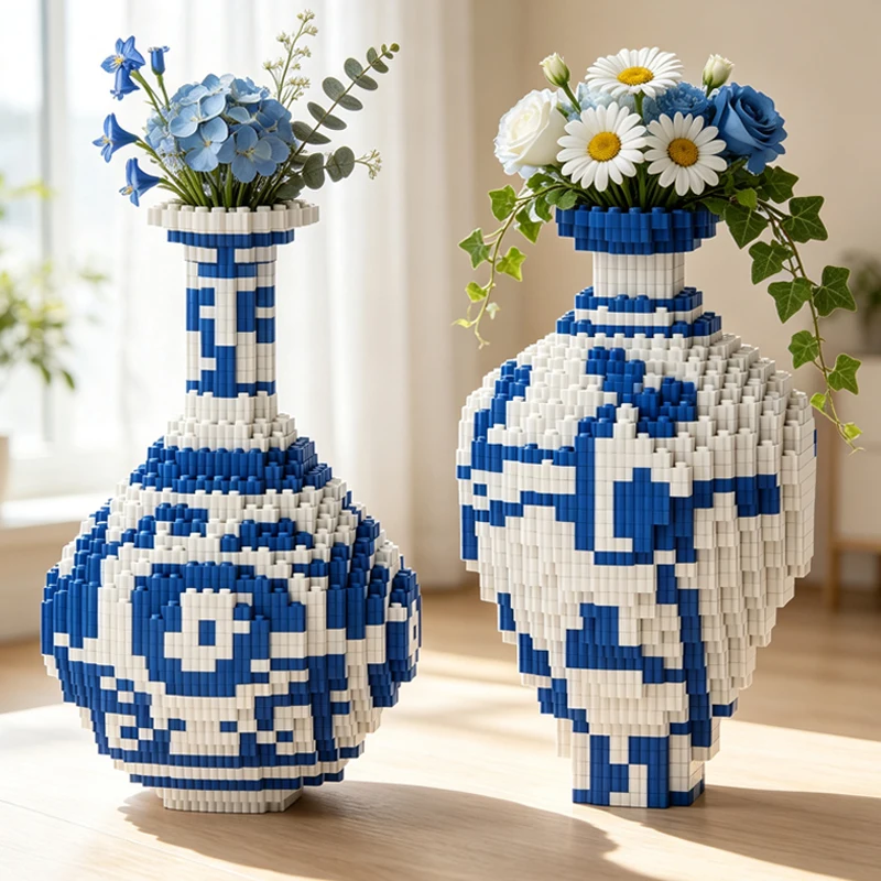 Blue and White Porcelain Vase Building Blocks Chinese Style DIY Micro Particle Flower Vase Creative Assembly Toy Ornament Gift