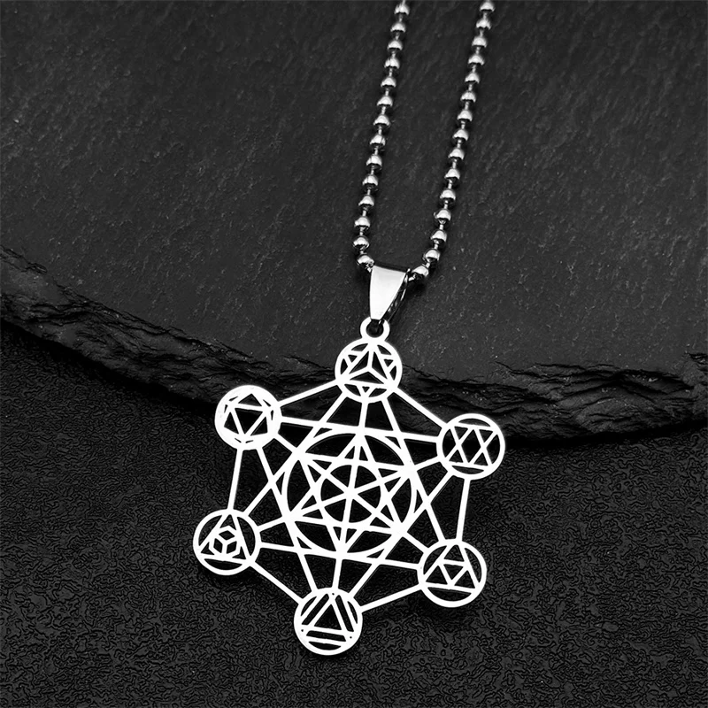 Large Archangel Metatron Cube Geometry Necklace for Women Men Stainless Steel Silver Color Flower of Life Chain Jewelry collar