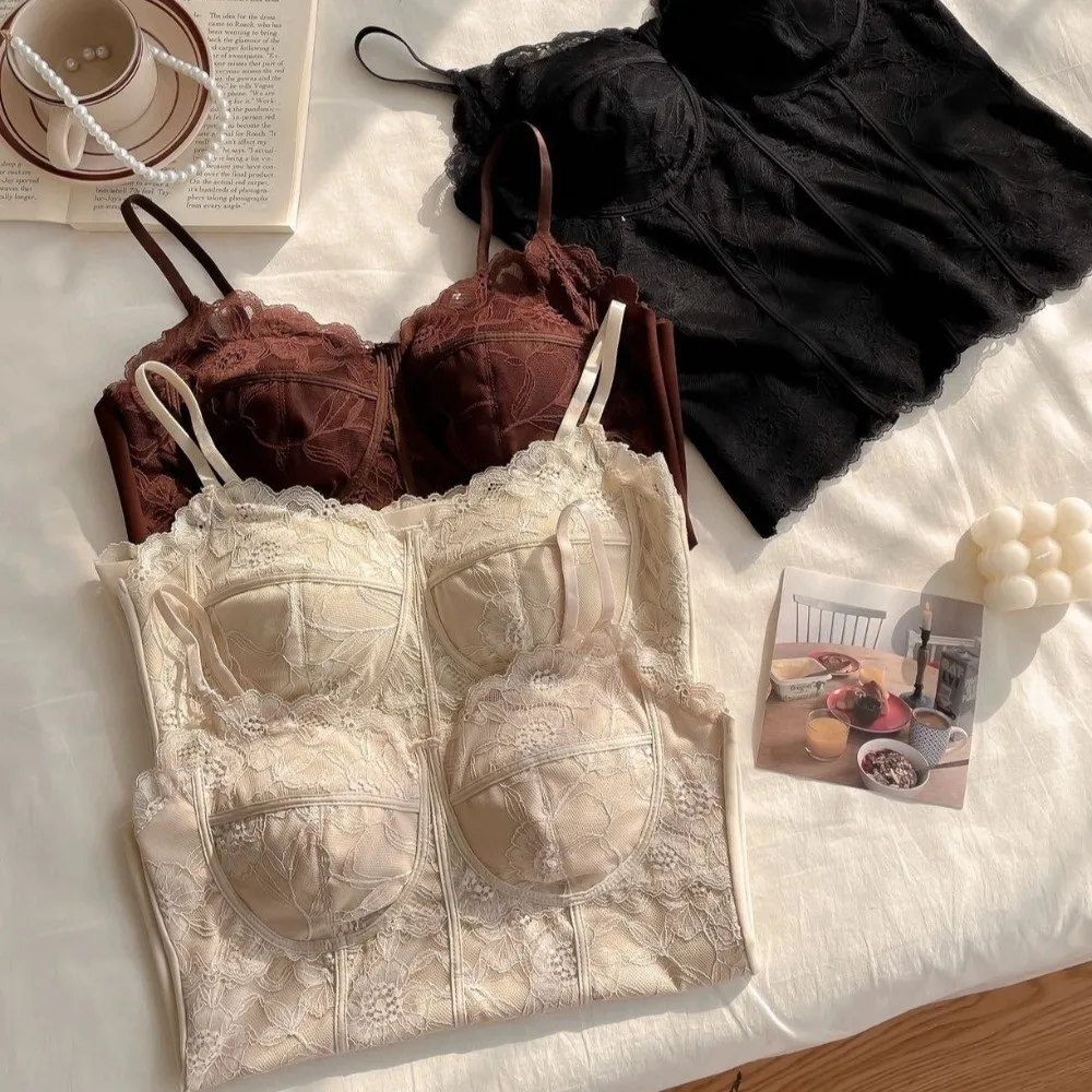 Mesh Flower Slim Lace Crop Top Bottoming Shirt Fish Bone Lines Girl's Vest Top Spicy Girls Style Sweet Camisole with Pads Lady