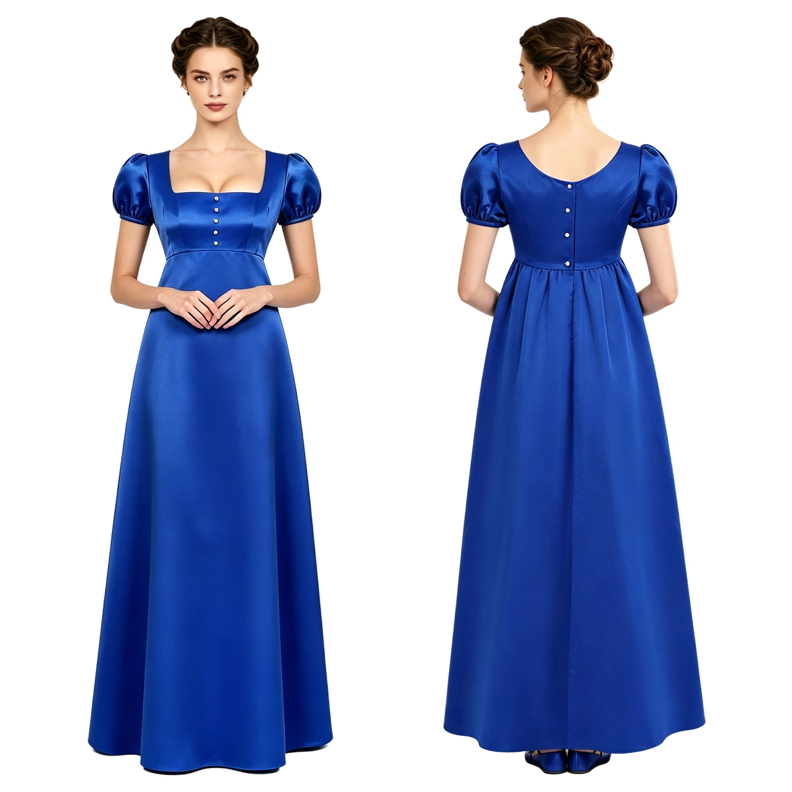 Women Medieval Regency Dress Puff Sleeve Back Button-down Satin Maxi Gown for Wedding Evening Photography Halloween Theme Party