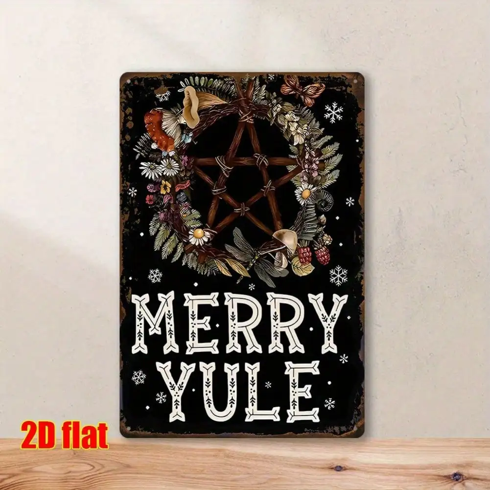 Tin Sign - Merry Yule Pentagram Floral Wreath Witchcraft Vintage Durable Metal Plaque Wall Decor, Home Witch Cottage Bedroom Wal