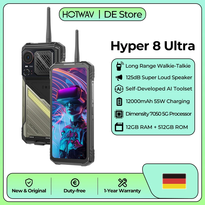 HOTWAV Hyper 8 Ultra 5G Octa-Core Walkie-Talkie Robustes Smartphone 6,8'' 2K 120Hz Display 12000mAh Mega-Akku 55W Schnellladung 125dB Lauter Lautsprecher Mobiltelefon 12GB RAM 512GB ROM
