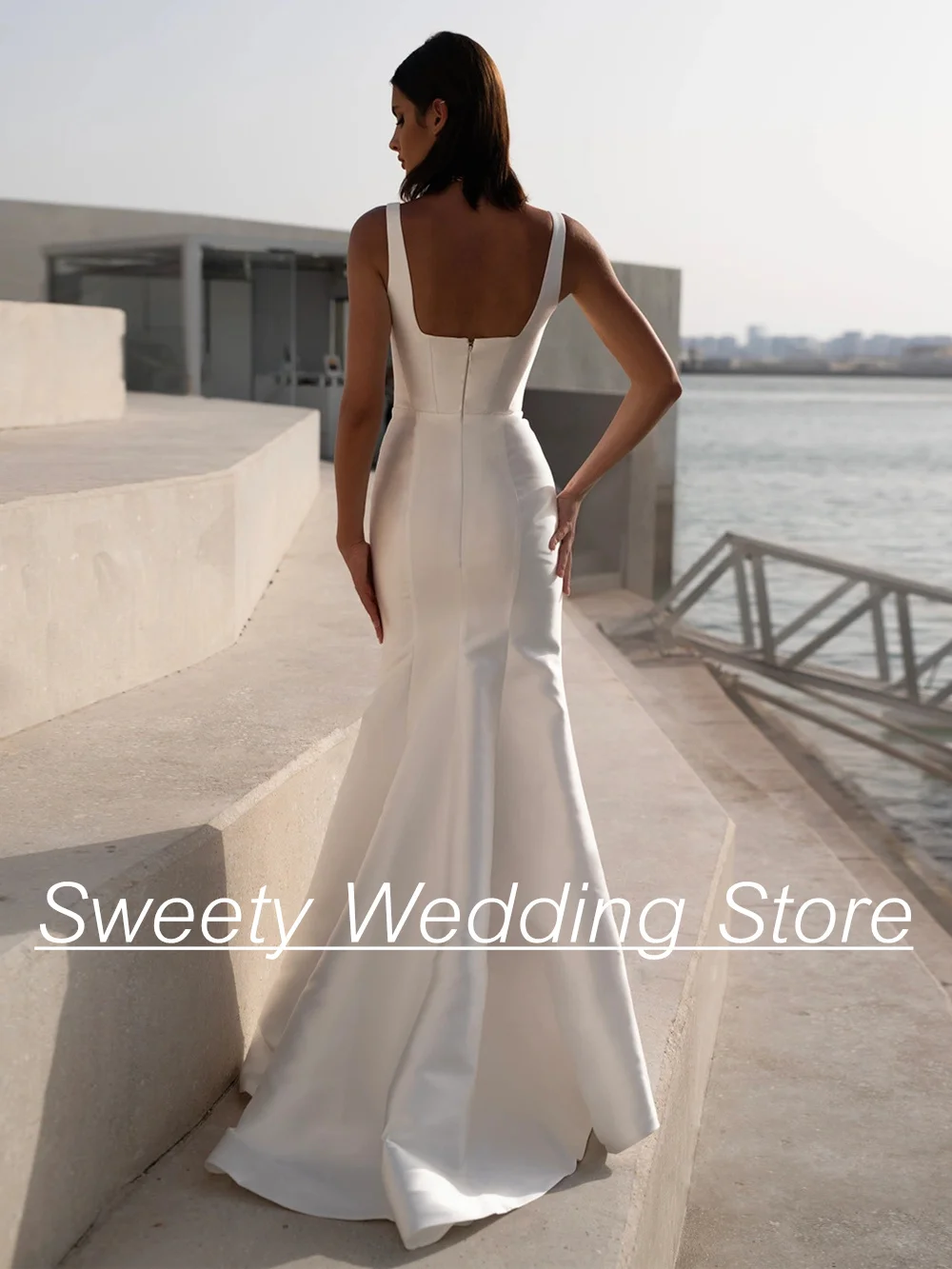 Simple Mermaid Wedding Dress Modern Bridal Gown 2024 Square Neck Sleeveless Backless Sweep Train Vestido De Noiva Bride Dresses image 2