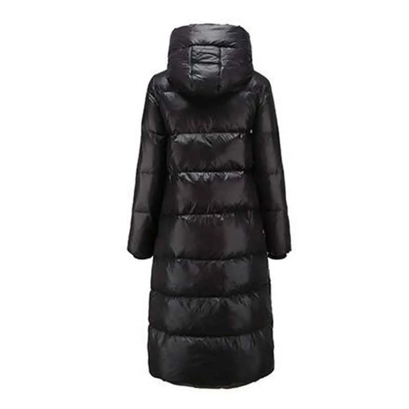 Women's Long Down  Over The Knee In  The New Glossy Korean Version Of Slim Hooded Real Down Winter Clothing Women's Long