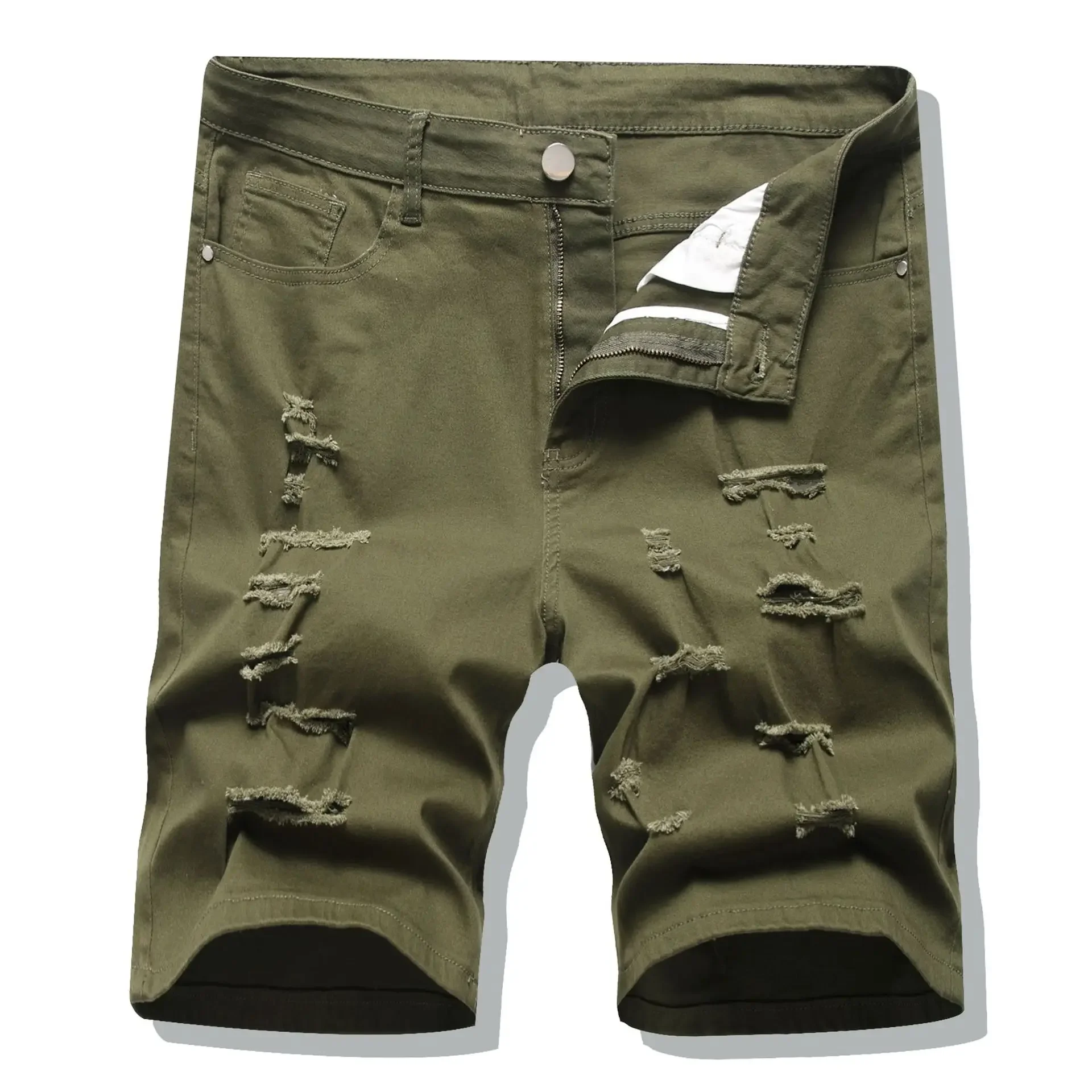 

Shorts Men Hole Jeans Streetwear Mid Waist Washed Distressed Pockets Knee Length Vintage Ripped Denims Straight Short Pants