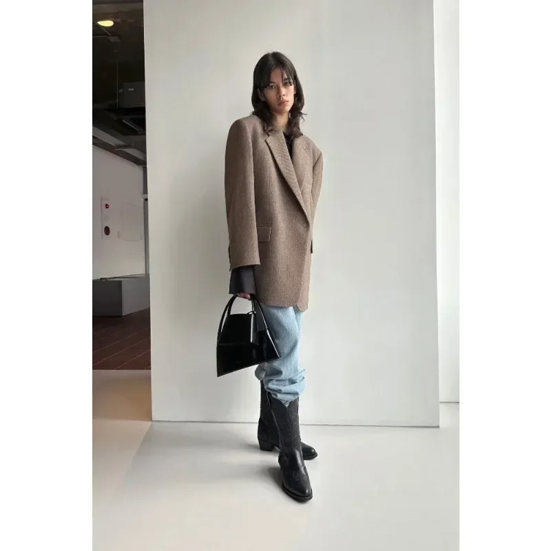 LC@ Winter 2024 Women Coat Jacket Suit Full Sleeves Slim England Style Single Button Warm Office Lady Formal Women Outer