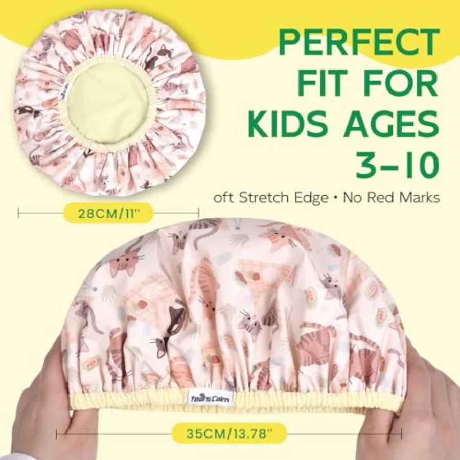 Shower Cap, Waterproof Reusable Cartoon Bath Cap with Double Layers and Soft Elastic Band, Washable shower cap for kids, Great