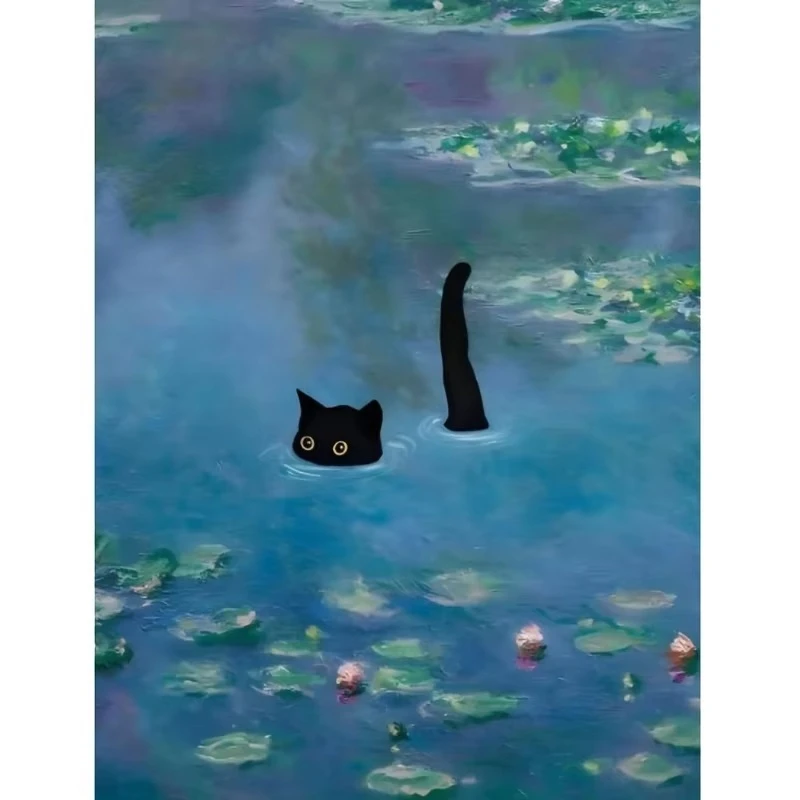 Rahmenloses 5D-Diamantmalerei-Set mit einem schwimmenden schwarzen Katzenmotiv, farbenfrohe Diamantkunst, komplett mit künstlichen Diamanten bestickt.