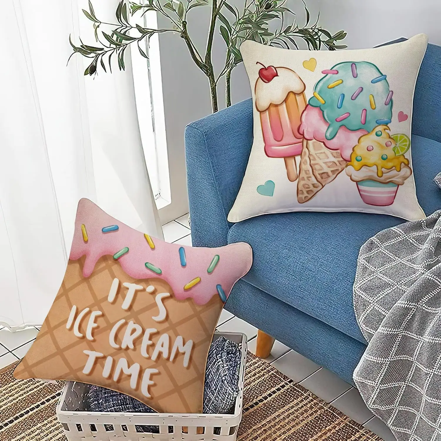 4PCS Cute Ice Cream Pillow Case, Sweet Truck Cushion Cover, Cartoon Food Print, Kids Room Decor, Sofa Throw Pillow Slipcover