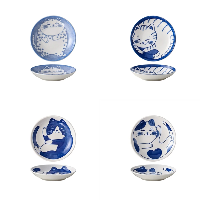 4 Pcs Japanese Style Ceramic Dessert Sauce Dish Cute Cartoon Lucky Cat Pattern Fruit Sushi Plates Soy Plate Dish Tableware