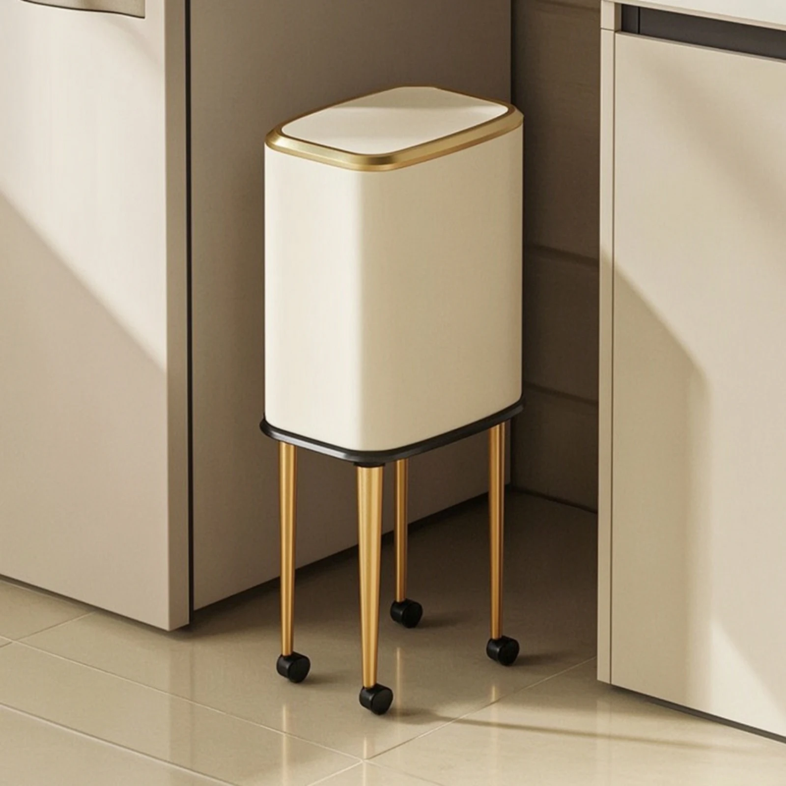 Trash Can with Raised Legs Rectangular Trash Can with Wheels and Lid Bin Narrow Wastebasket Rolling for Kitchen, Living Room