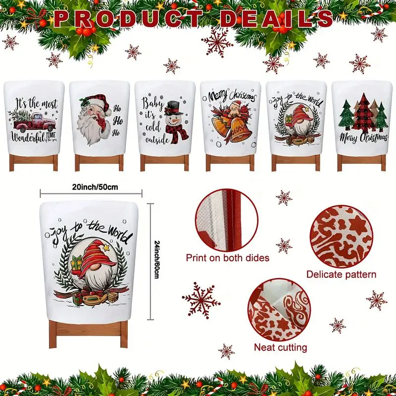 VIKAMA Christmas Chair Back Cover Buffalo Plaid Tree Gnome Print Washable For Dining Room Kitchen Christmas Party Decor