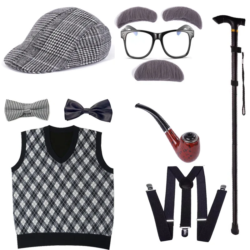 2024 New Kids 100 Days of School Costume for Boys Halloween Old Man Costume Hat Glasses Wig and Grandpa Vest Cane Full Set Child view 6