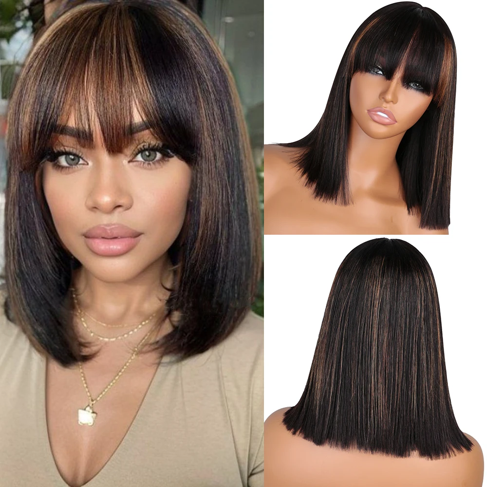 

Bob Wig with Bangs Human Hair 4/27 Straight Wig Human Hair Short Human Hair Ombre Blonde Highlight Short Bob Wigs