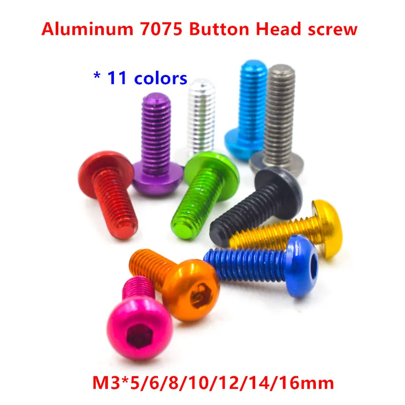 10pcs/lot Aluminum 7075 Button Screw M3 Colorful Anodized Aluminum Hex Socket Button Head Cap Screw Bolt M3*5/6/8/10/12/14/16mm