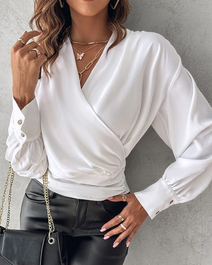 

Women's Elegant Top 2024 Spring Summer Latest V-Neck Lantern Sleeve Ruched Wrap T-Shirt Button Daily Work Satin Fabric Blouses