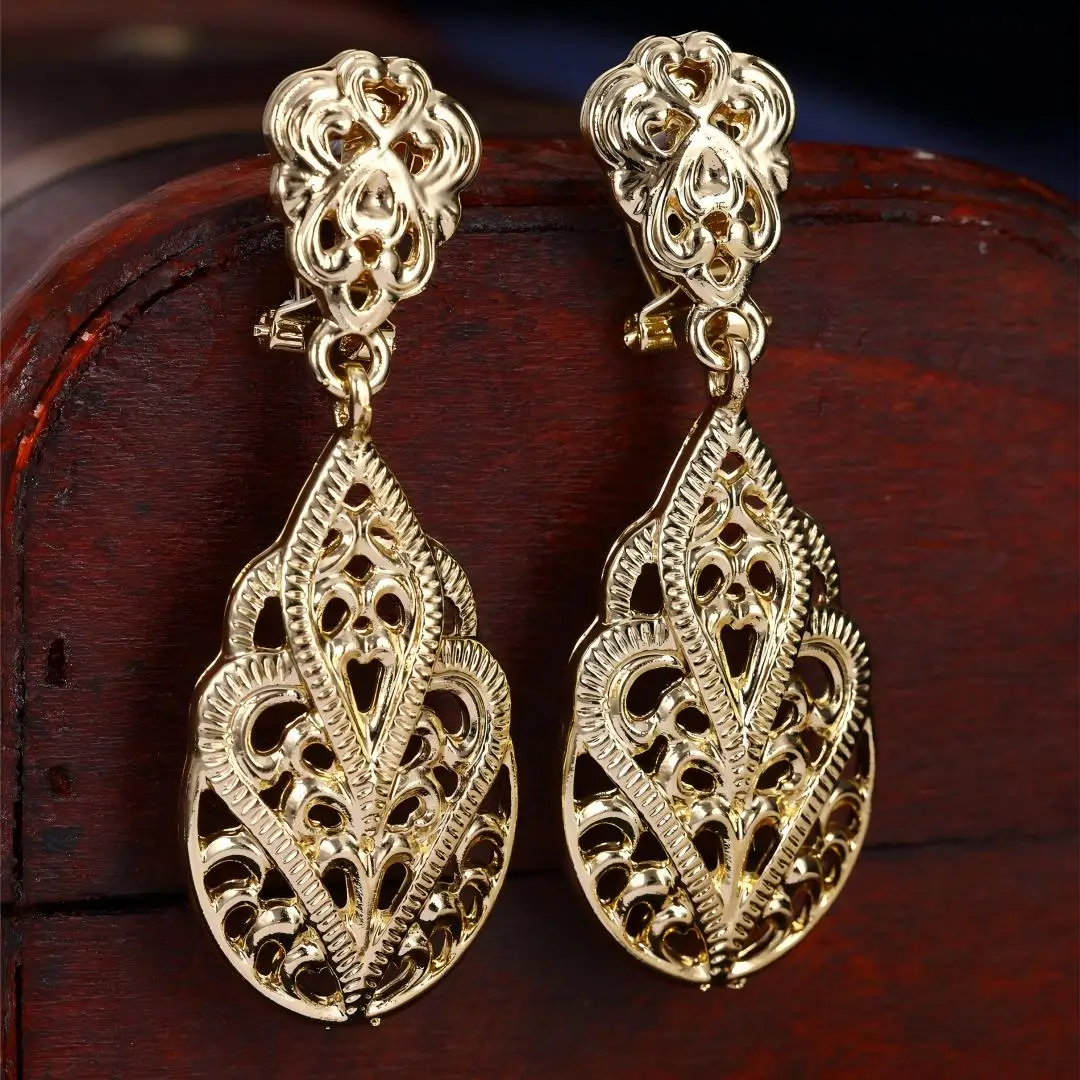 Gold Hollow Filigree Clip On Dangle Earrings Set, Vintage Teardrop Long Drop Earrings, Ethnic Moroccan Statement Jewelry for Aba