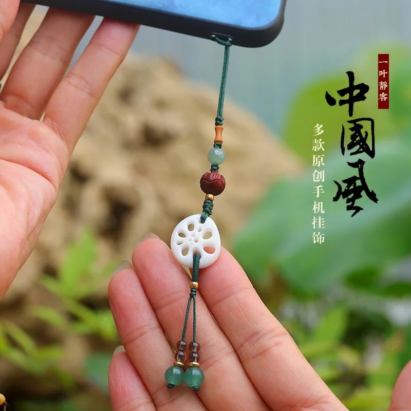 

Creative handmade ivory nut lotus root slices Ebony mobile phone charm pendant car key ring cheongsam Hanfu overlapp backpack ch