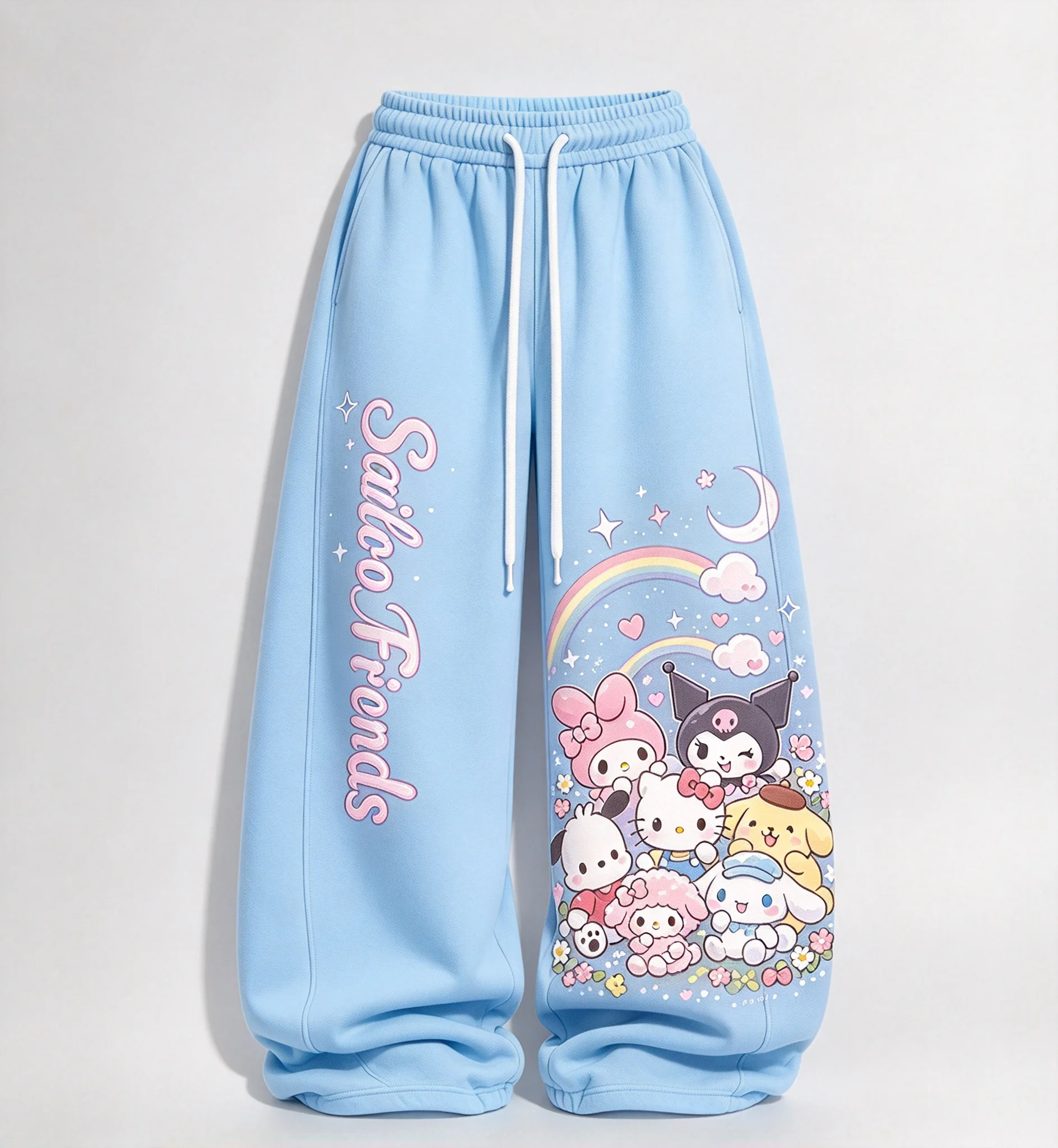 Cute My Melody Kuromi Hello Kitty Print Women Wide Leg Pants Loose Drawstring Trousers KawaiiGirls Casual Sport Pants Streetwear