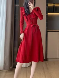Autumn Women's Knitted Dress Korean Fashion Ruffle V-neck Long Sleeve Elegant Dresses Female Casual Bottom Knit Dress