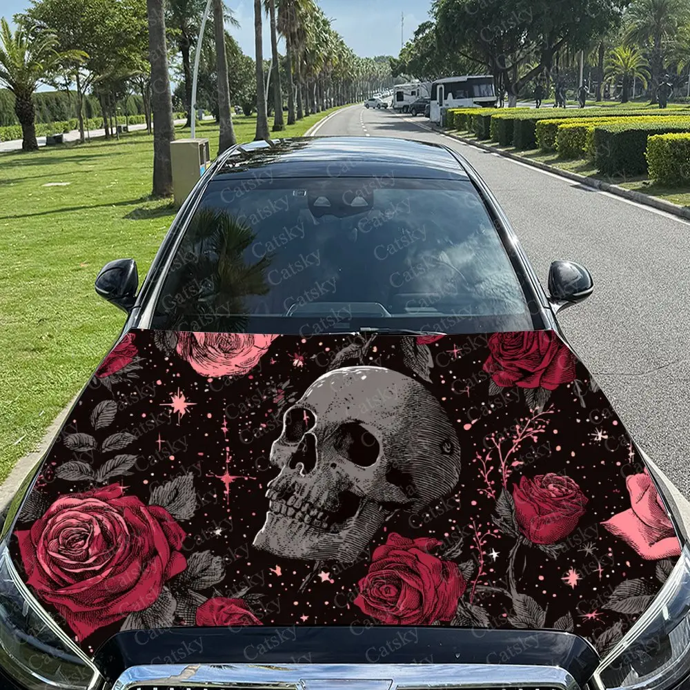 

Car Decal Dark Art Style Creative Design of Pink-Black Rose Skull and Starry Sky Car Hood Sticker, Waterproof Self - Adhesive PV