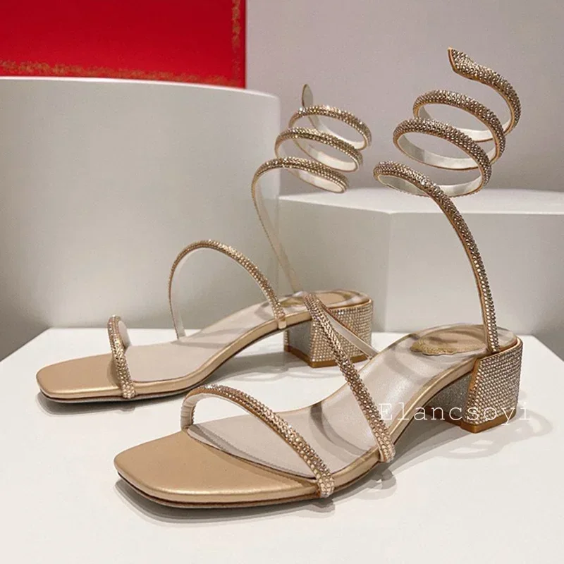 Square Toe Chunky High Heels Sandals Women's Shiny Crystal Ankle Snake Twine Around Party Shoes Summer Gladiator Sandalias view 2