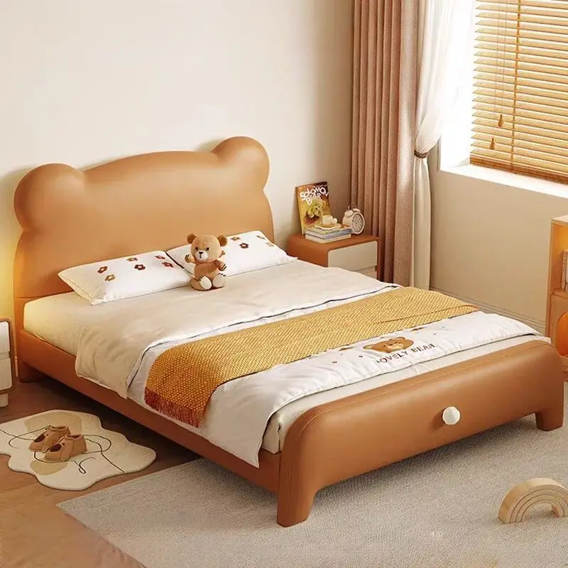 Cartoon bear children's  boy bedroom single bed girl princess bed new solid wood soft foreskin