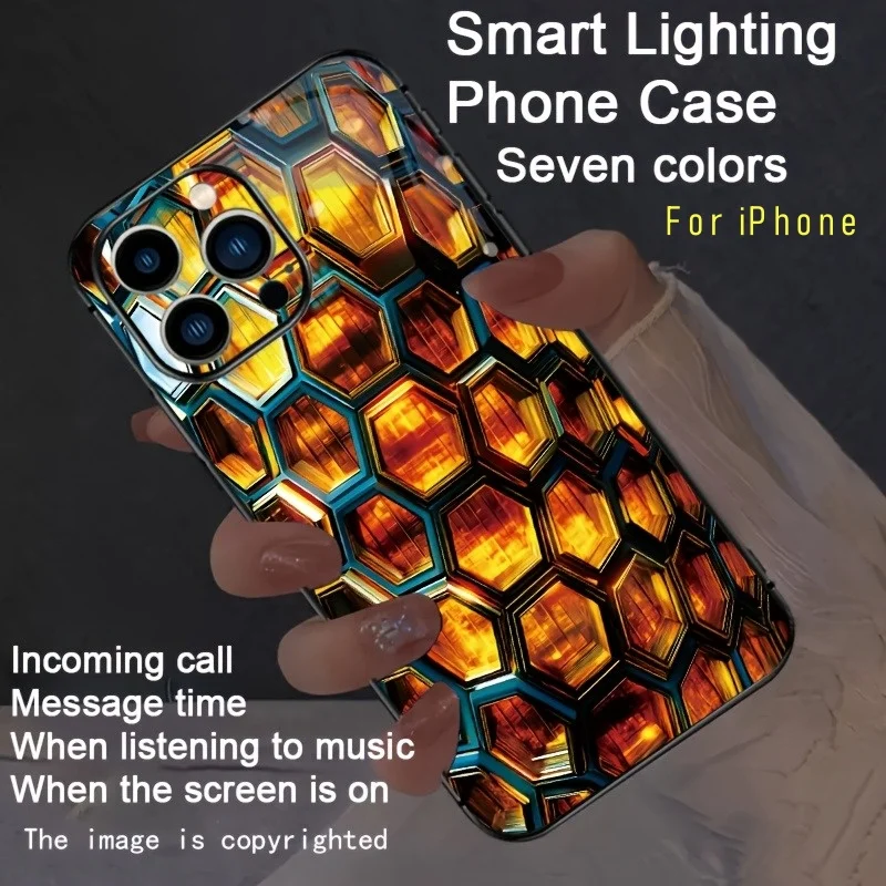 

Fashion Honeycomb Design LED Flash Phone Case For iPhone 16 17 15 14 13 12 Pro Max 7 8 Plus Glow Phone Cover Coque Protector