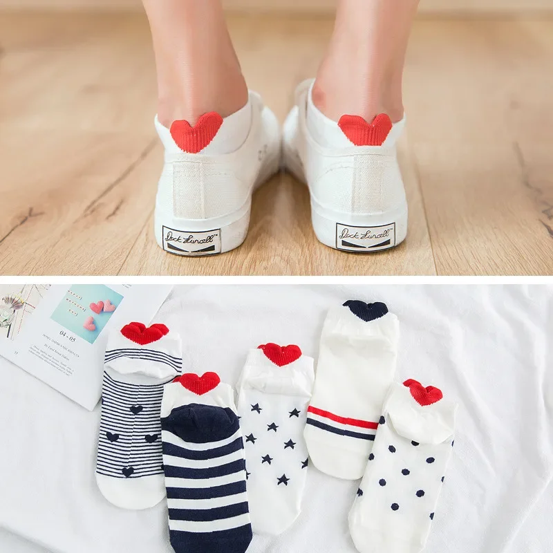 

5 Pairs/lot New Simple Fashion Women Cotton Socks Set Cute Cat Ankle Casual Cartoon Animal Red Heart Short Socks