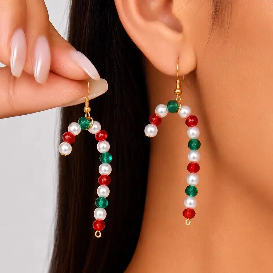 Christmas Candy Cane Earrings Set for Women Red Green Crystal Imitation Pearl Dangle Earrings 3 Pairs Holiday Jewelry Gift