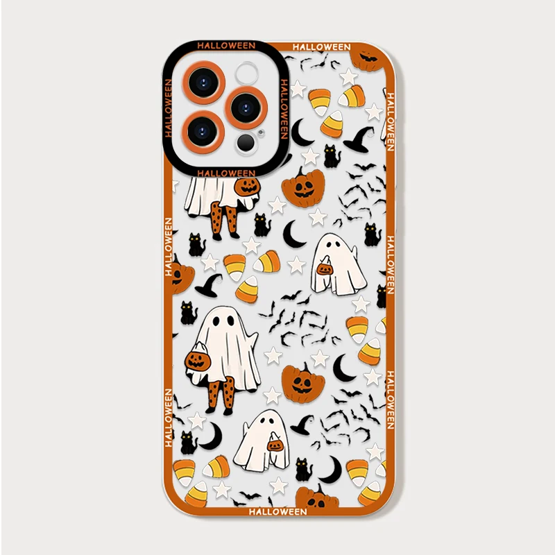 Cute Halloween Pumpkin Bat Ghost Pattern Clear Phone Case for Samsung Galaxy A06 A17 A55 A54 A53 A52 A16 A36 A14 A13 Soft Covers