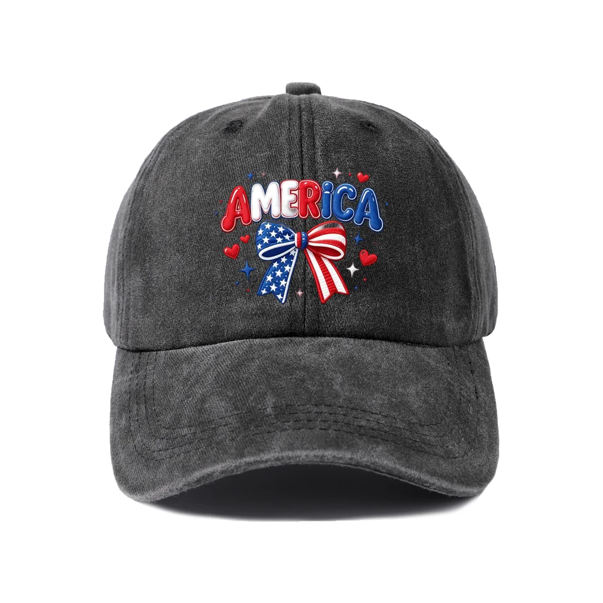 America Bow and Stars Graphic Baseball Cap, Vintage Washed Adjustable Unisex Dad Hat, Everyday Gift