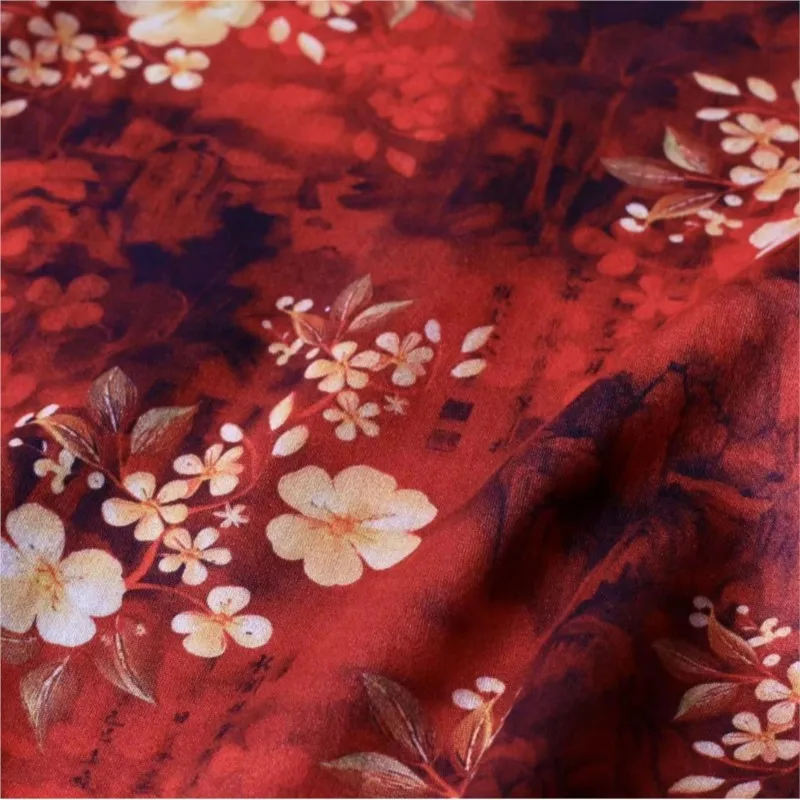 

Digital printing velvet clothing fabric new Chinese-style cotton home textile gilding and brick red