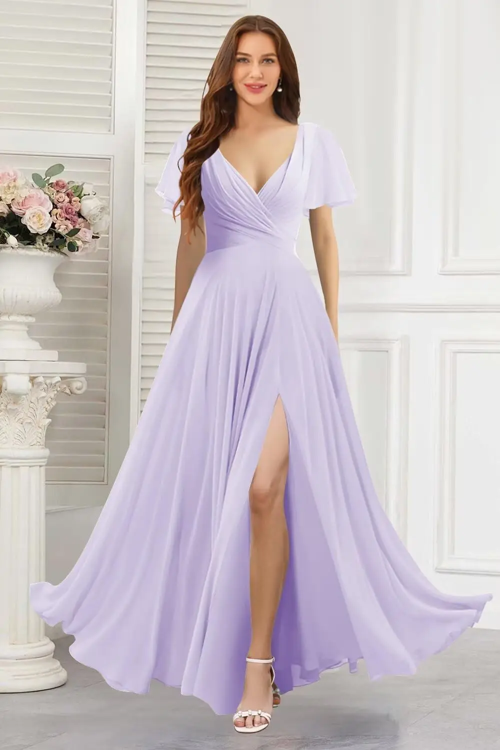 Women's V Neck Bridesmaid Dresses with Slit 2025 Chiffon Short Sleeves A Line Long Formal Elegant Dress Women for Wedding Party
