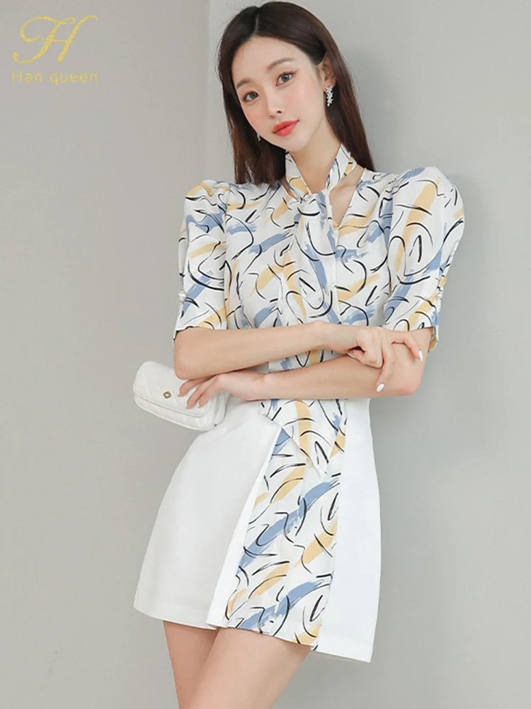 H Han Queen New 2024 Summer Party 2 Piece Sets Women Print Shirt + Pleated A-Line Short Skirts Korean Skirt Set Female Clothing