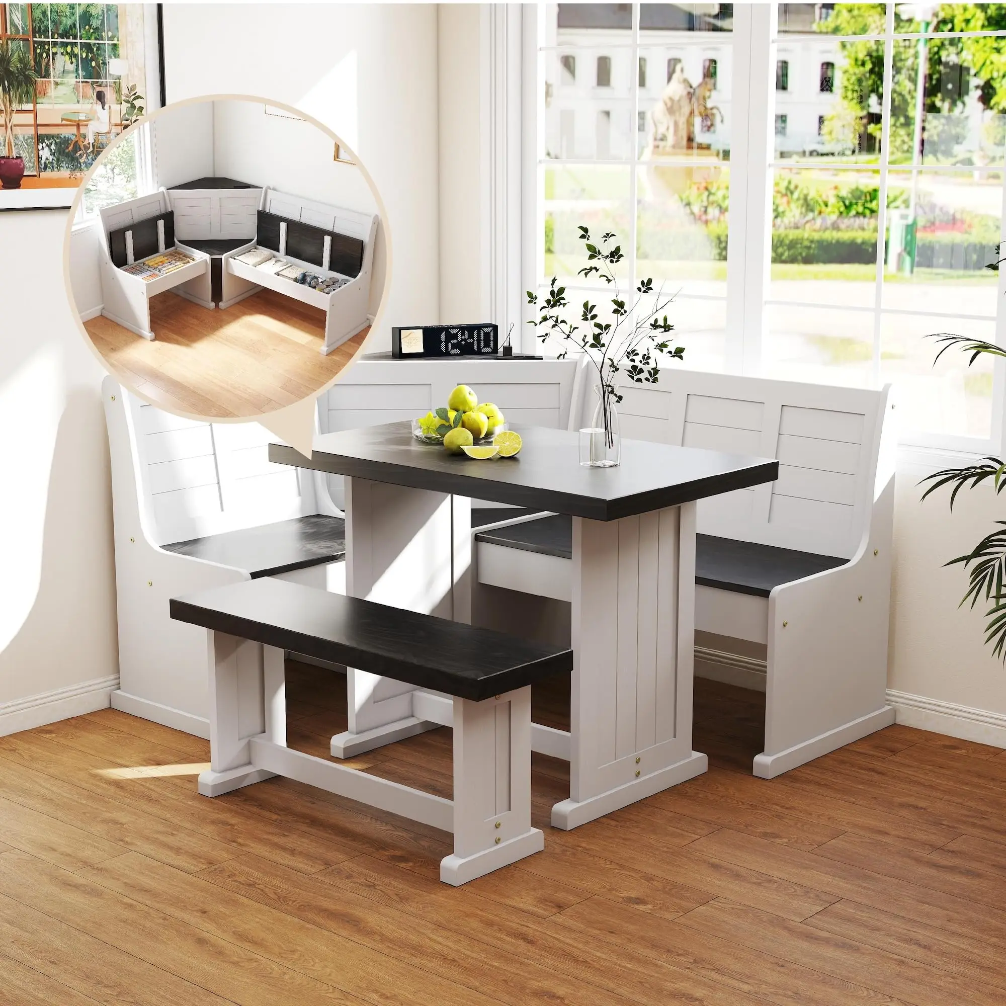 Breakfast Nook Corner Dining Table Kitchen Bench Chair Set, Space-Saving 3-5 People Seat Reversible L-Shape for Family