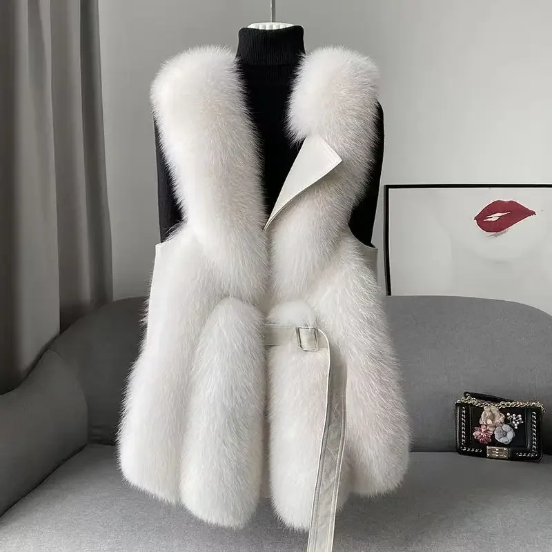 Faux Fur Jacket Women\'s Fall and Winter Fashion Sleeveless Thickened Vest Fluffy Warm Loose Lacing V-Neck Mid-Length Jacket