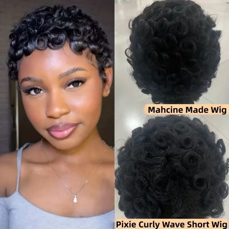 

Короткий кудрявый парик из натуральных волос, черный волнистый парик, винтажный стиль завивки, полностью машинной работы, для женщин.