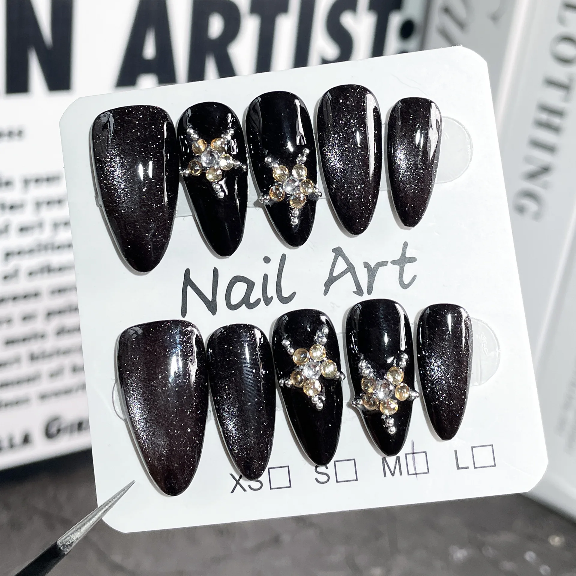 Handmade Almond Press on Nails Dark Night Star River Cat Eye Fake Nails with Star Rhinestone Design Spice Girls Y2k False Nails