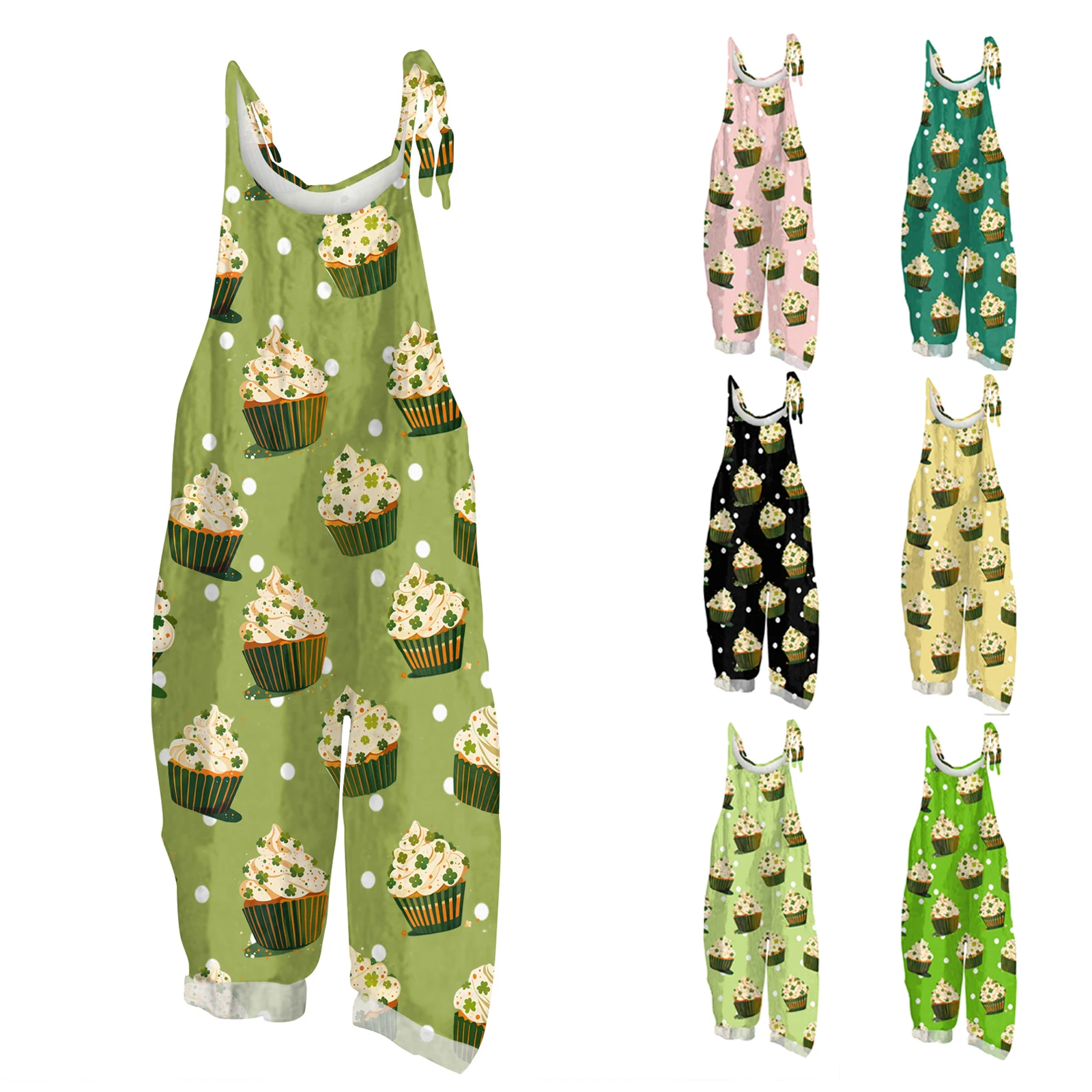 

New Women Jumpsuit Saint Patrick's Day Print Casual Loose Rompers Ladies Vintage Adjustable Drawstring Strap Sleeveless Overalls