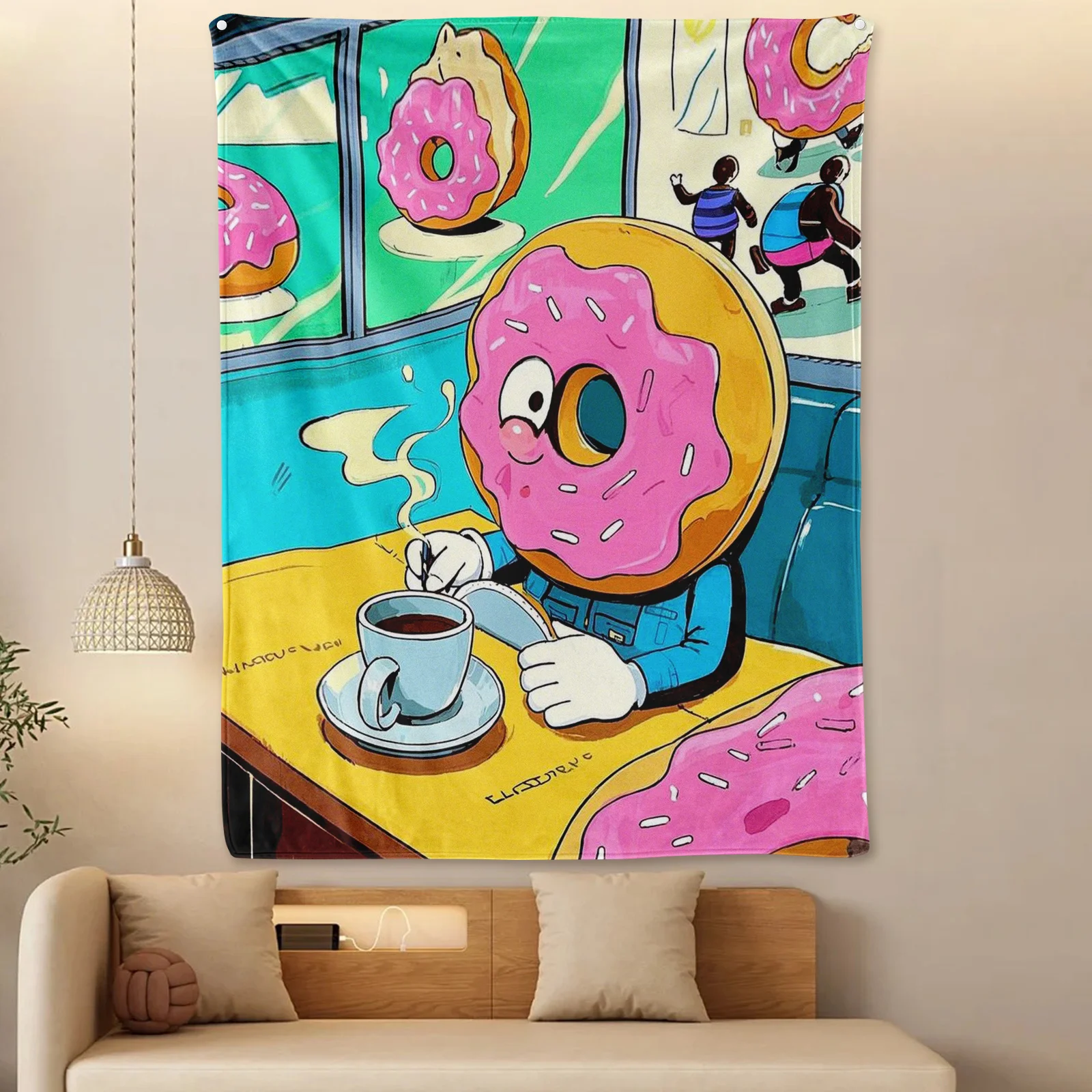 Playful Donut Coffee Personified Table Design Blanket For Adding A Unique And Cozy Touch To Your Living Room Or Office Space