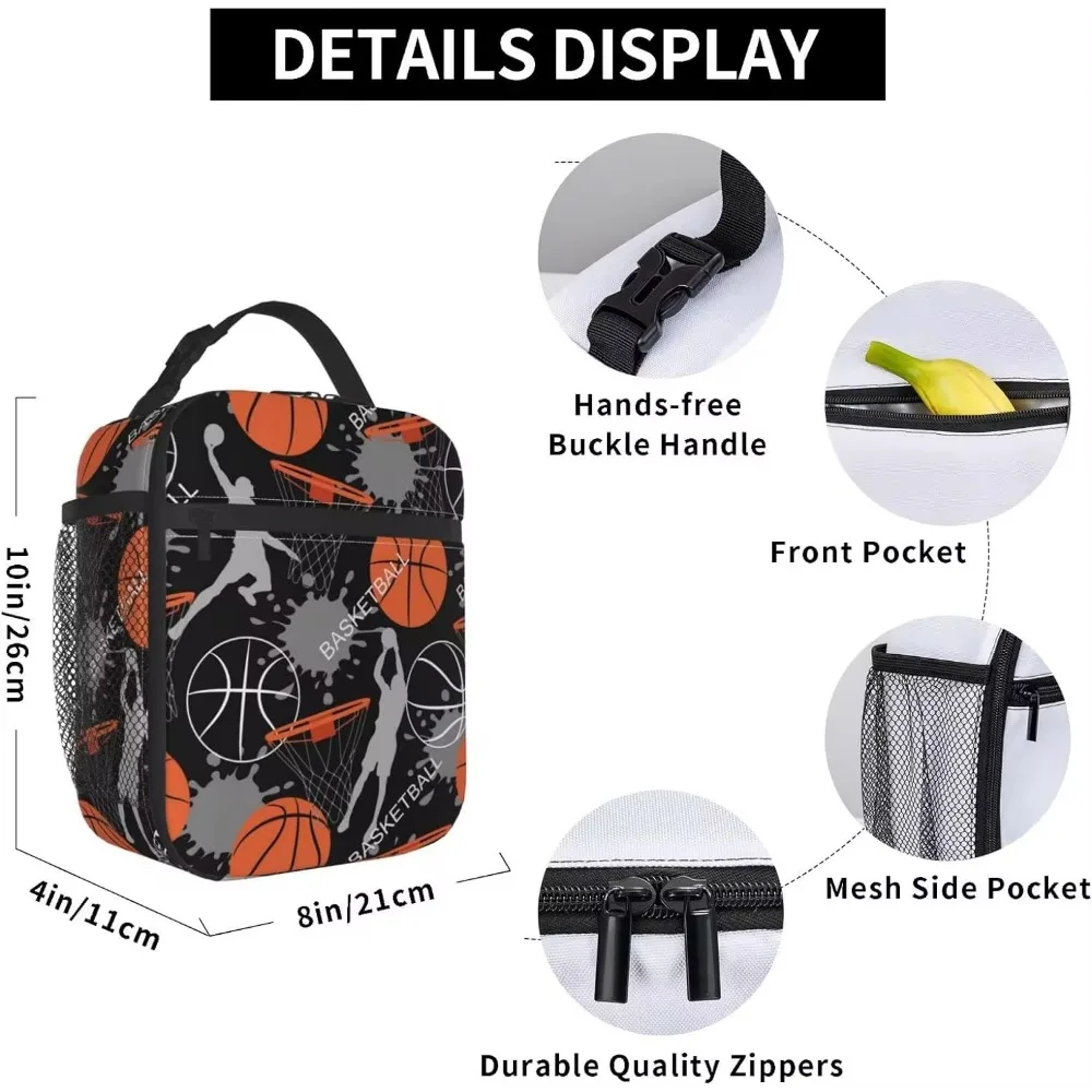 Art Basketball Durable Waterproof Insulated Lunch Bag Reusable Cooler Thermal Tote Lunch Box Organizer for School Work Picnic