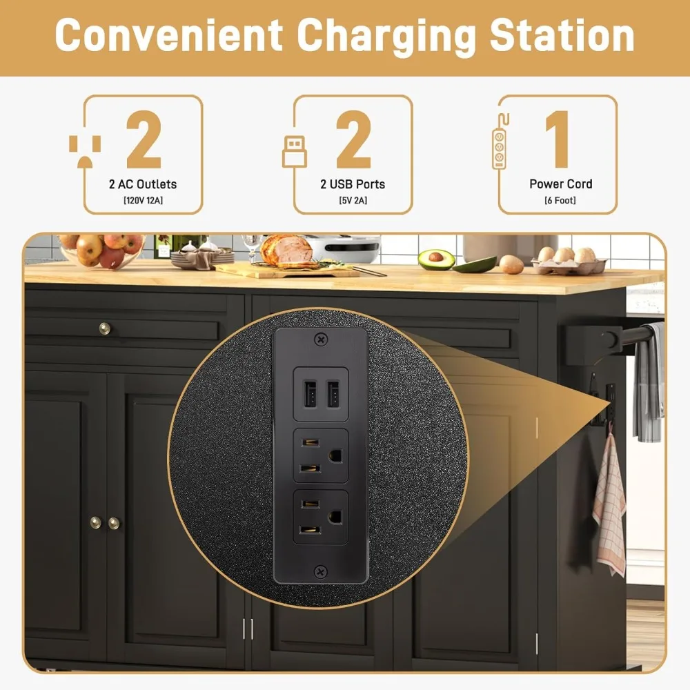 جزيرة مطبخ محمولة مقاس 63 بوصة مع أوراق شجر قابلة للسقوط وتخزين ومخرج طاقة على عجلات #5