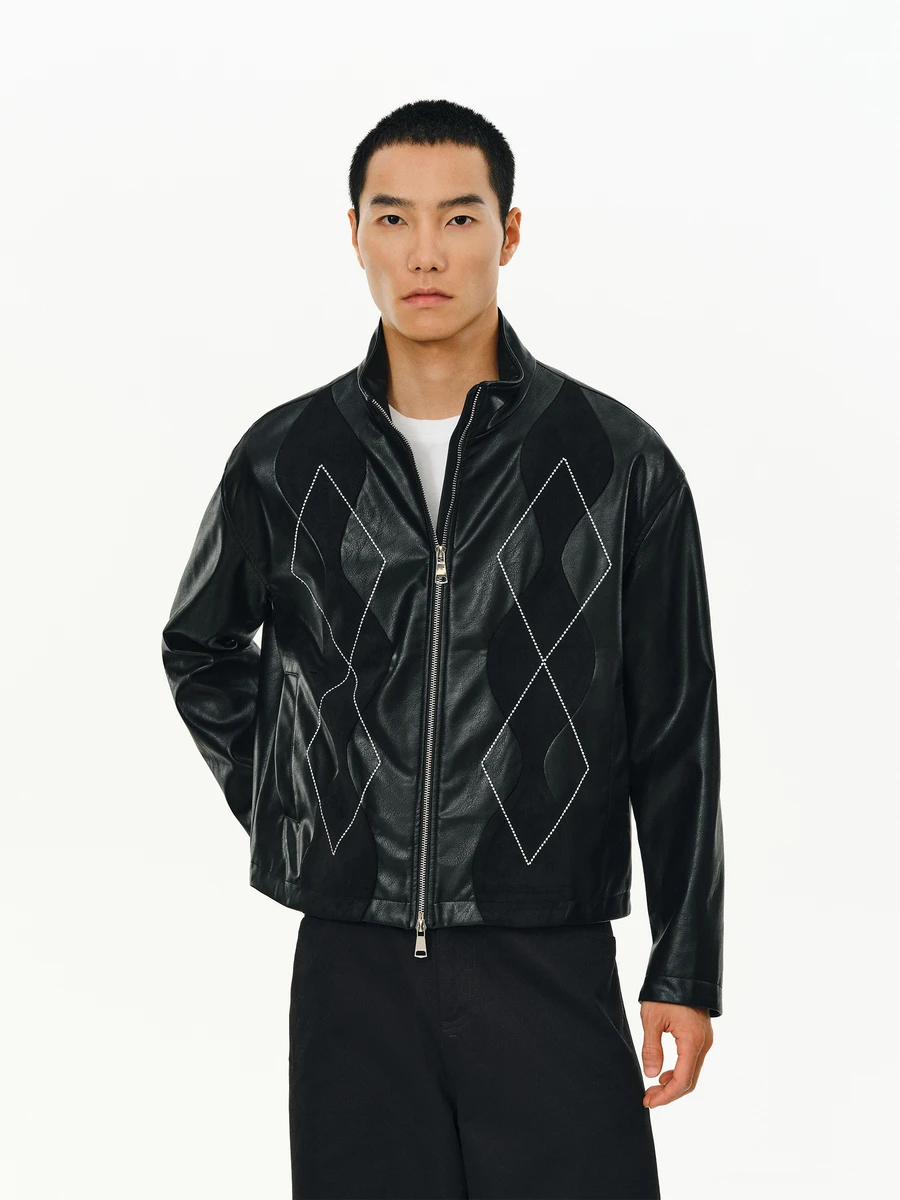 

ATRY Мужская замшевая мотоциклетная куртка в стиле пэчворк с воротником-стойкой и ромбовидным узором, осенняя мода, ретро, американский Sle Lea...