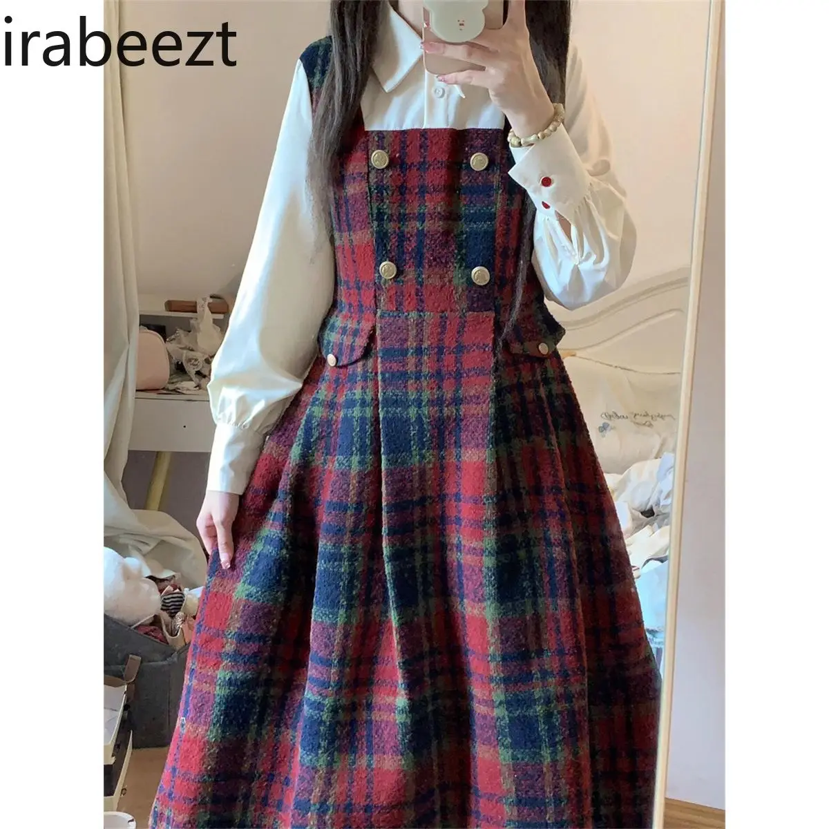 Autumn and Winter New College Style Two-piece Set French Gentle Temperament High-end Fresh Red Plaid Suit Dress