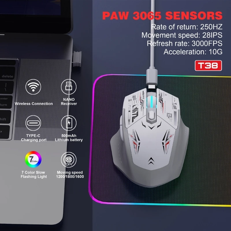 Ratón inalámbrico compacto modos dobles para sistemas ventanas Iluminación colorida