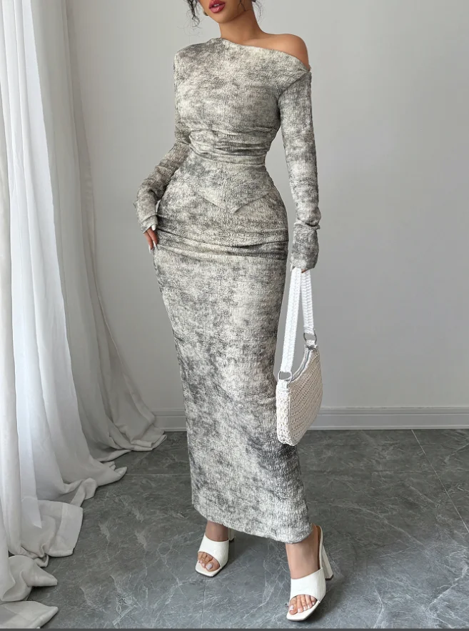 หญิงElegantไหล่เอียงแขนยาวสะโพกWarpชุดกระโปรงเสื้อผ้าผู้หญิงฤดูใบไม้ร่วงใหม่แฟชั่นกระโปรง 2 ชิ้นชุด